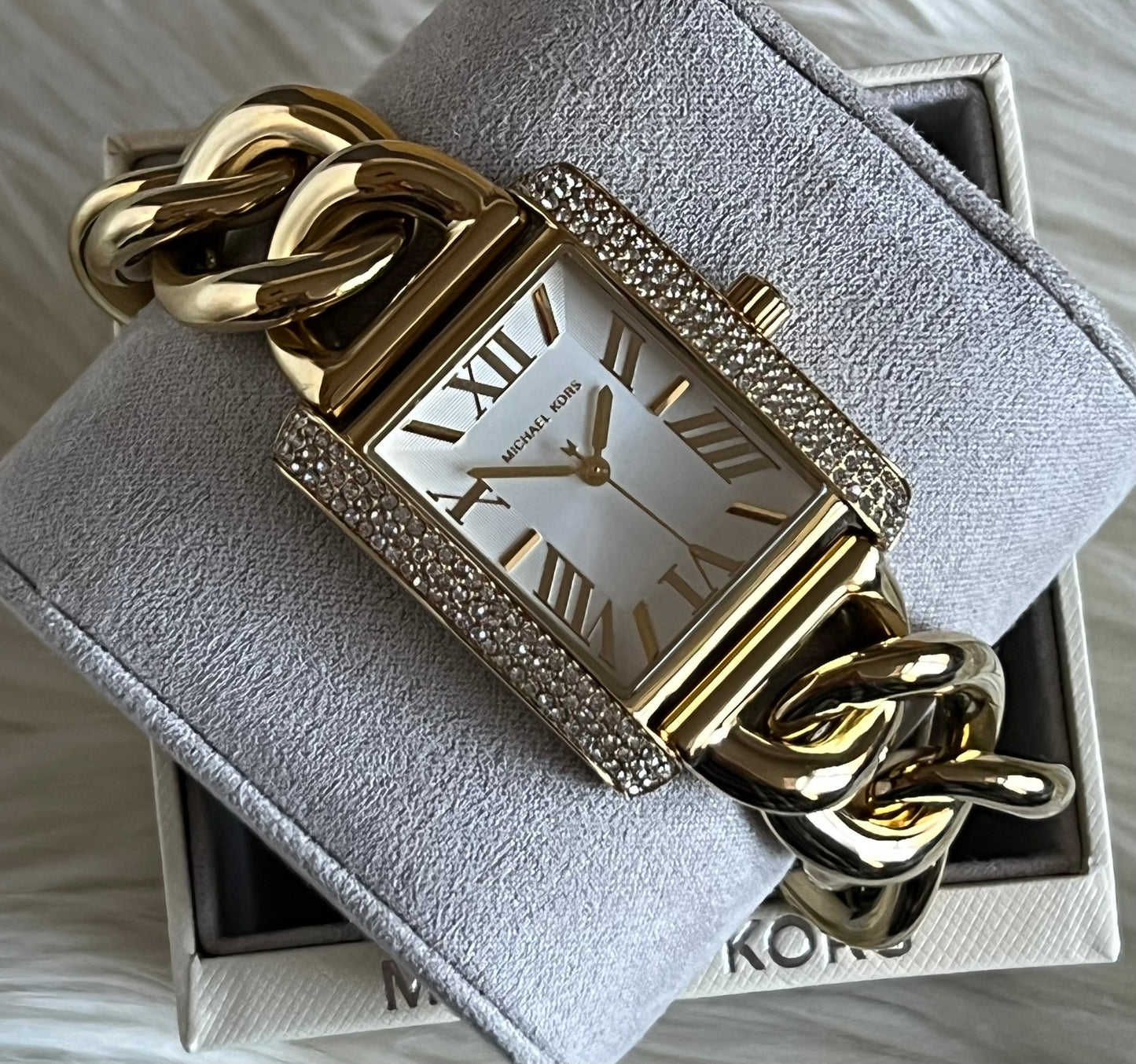 Michael Kors Women’s Oversized Emery Pavé Gold-Tone Curb Link Watch