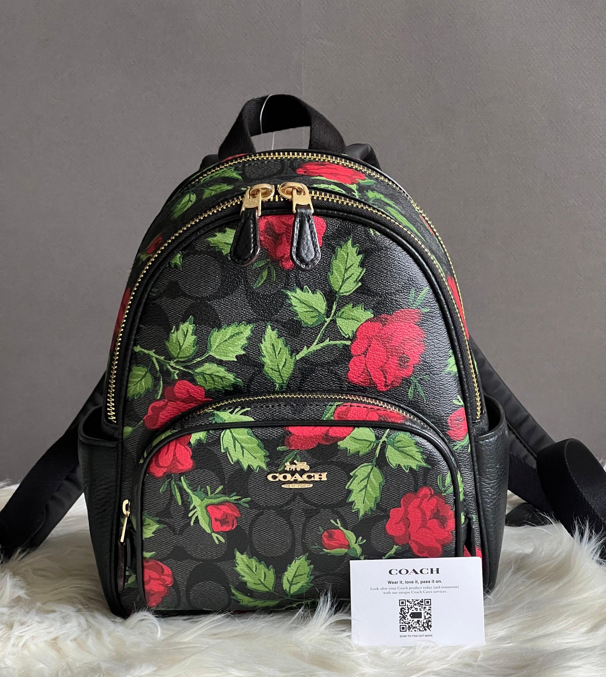 coach floral backpack purse Coach Mini Court Backpack in Signature Canvas with Fairytale Rose Prin – Club de Mode