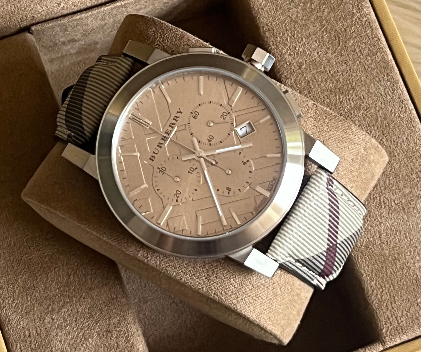 Burberry Men’s Swiss Chronograph Brown Impressed Check Fabric Strap Watch