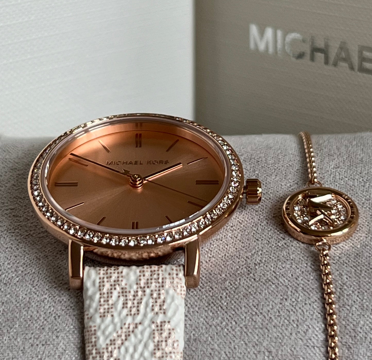Michael Kors Three-Hand Rose Gold and Vanilla Metallic PVC Watch and Jewelry Set