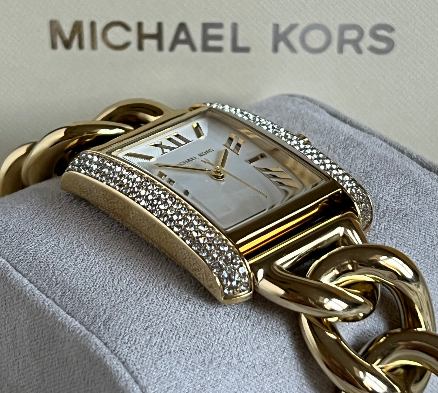 Michael Kors Women’s Oversized Emery Pavé Gold-Tone Curb Link Watch