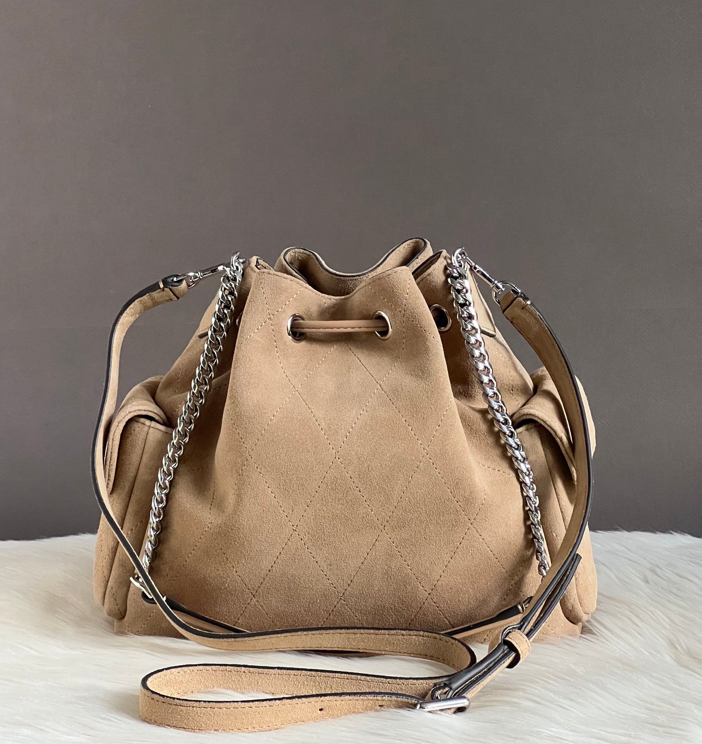 Tory Burch Charlie Quilted Suede Drawstring Shoulder Bag