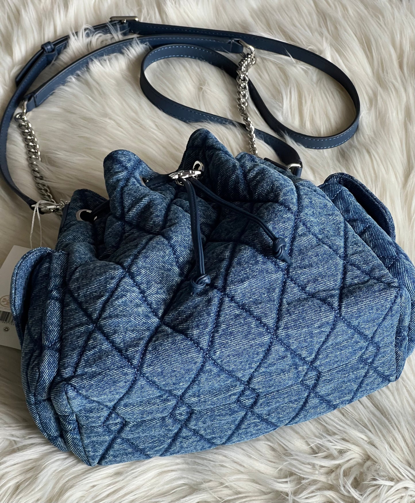 Tory Burch Charlie Quilted Denim Drawstring Shoulder Bag