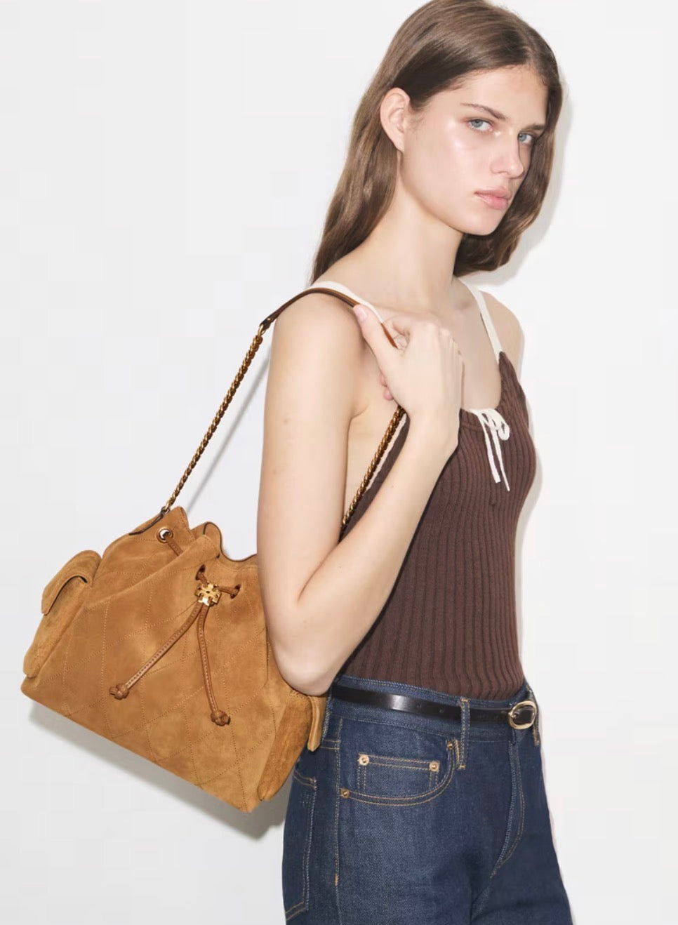 Tory Burch Charlie Quilted Suede Drawstring Shoulder Bag