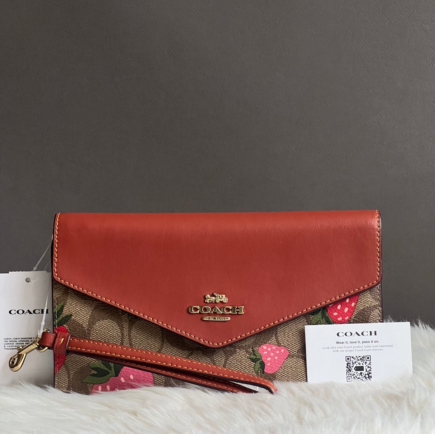 Coach Travel Envelope Wallet In Signature Canvas With Wild Strawberry Print