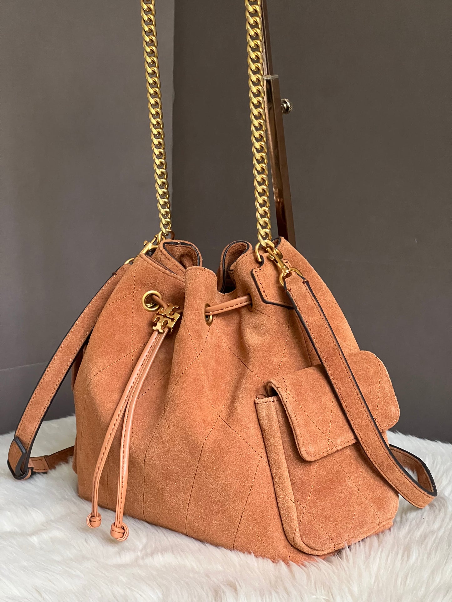 Tory Burch Charlie Quilted Suede Drawstring Shoulder Bag