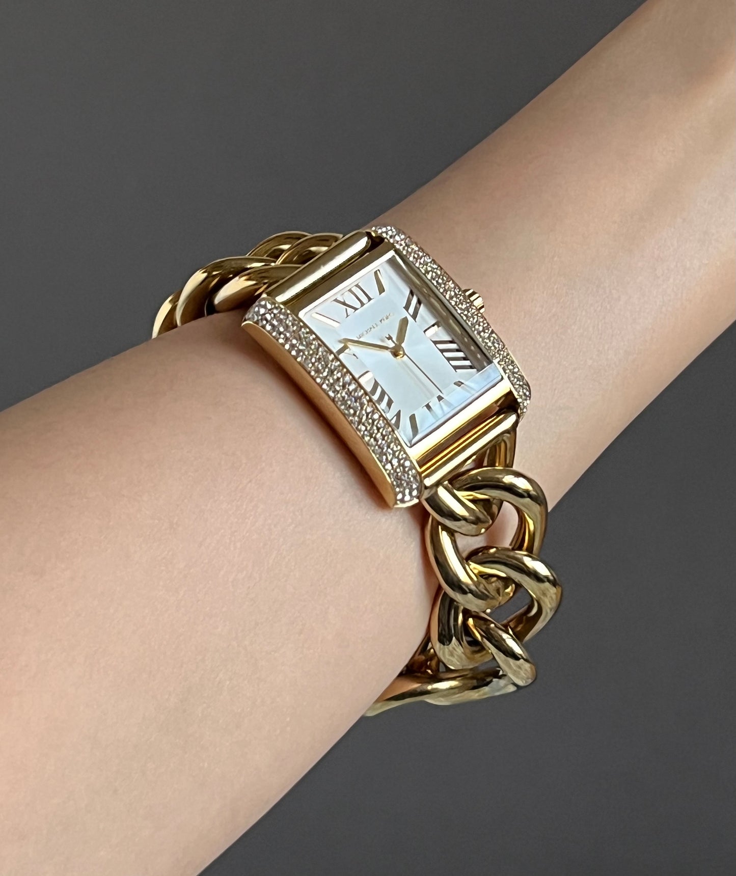Michael Kors Women’s Oversized Emery Pavé Gold-Tone Curb Link Watch