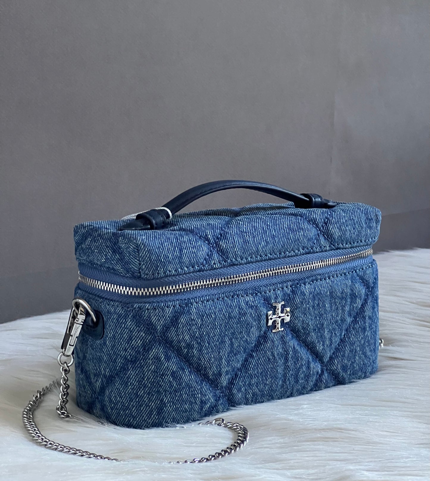 Tory Burch Kira Diamond Quilt Denim Vanity Case