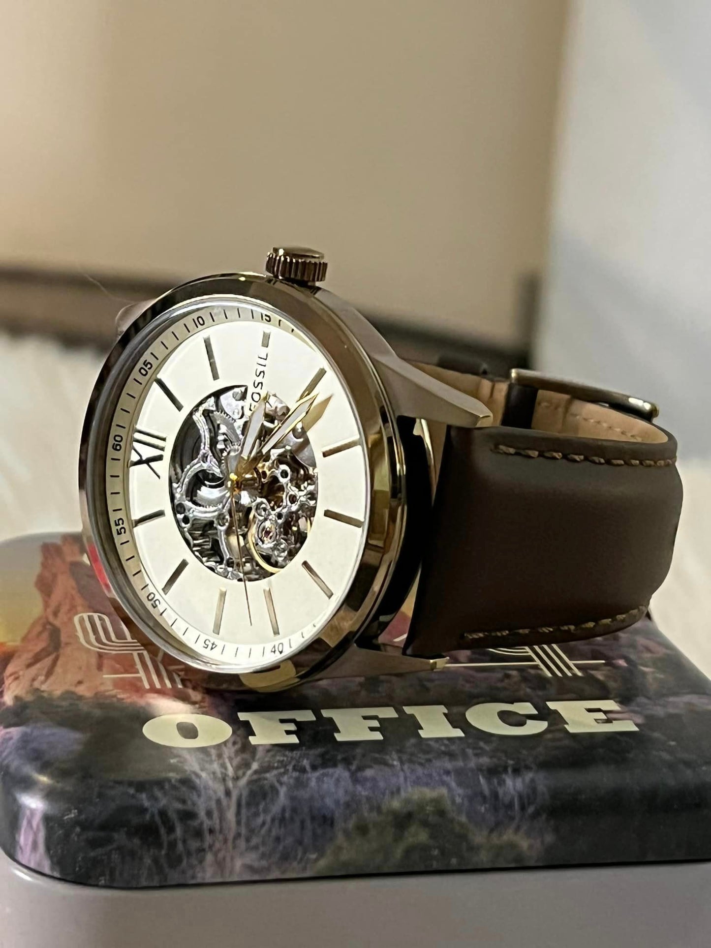 Fossil Men’s Automatic Skeleton Gold-Tone Brown Leather Watch ko