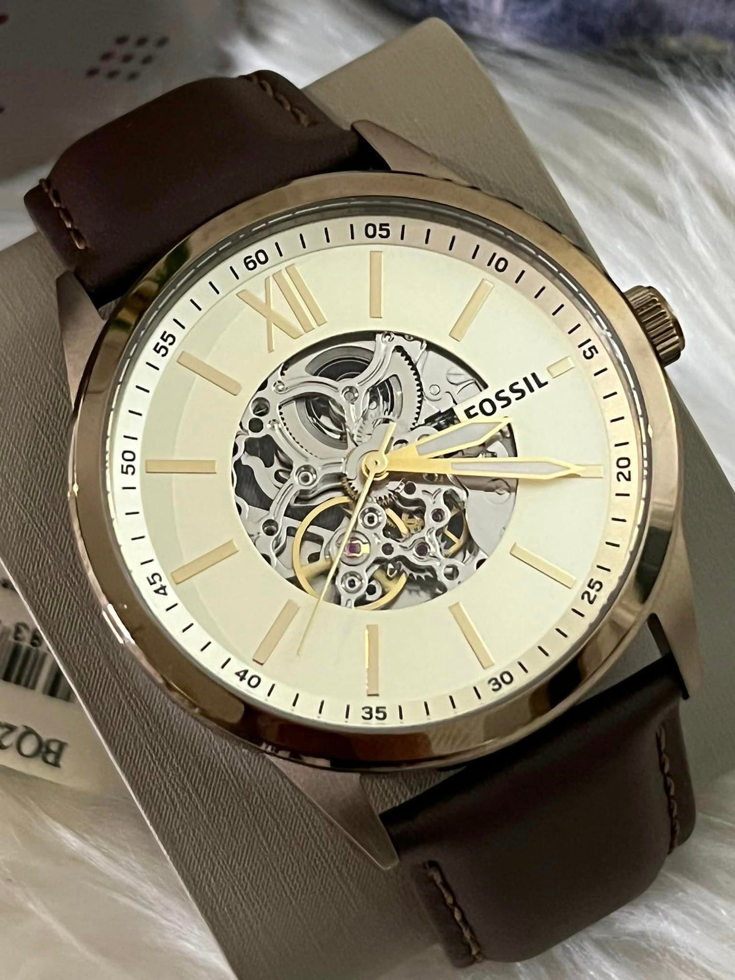 Fossil Men’s Automatic Skeleton Gold-Tone Brown Leather Watch ko