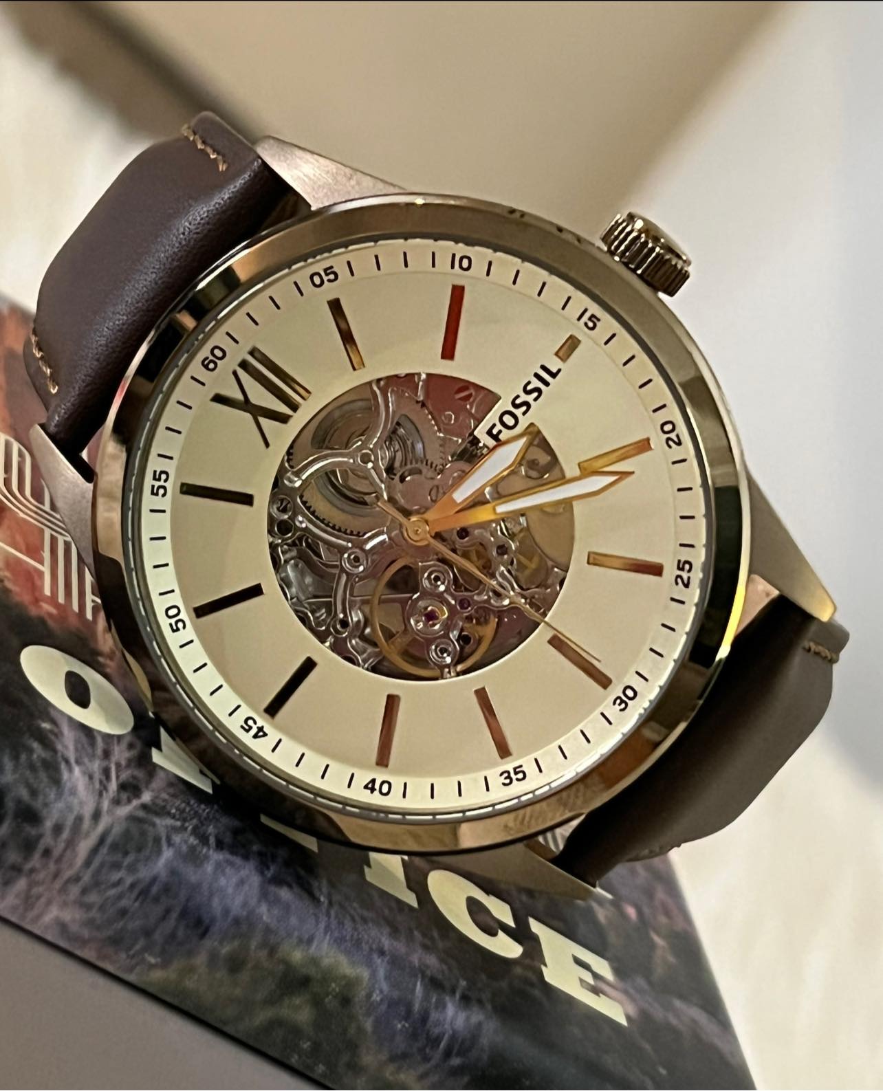 Fossil Men’s Automatic Skeleton Gold-Tone Brown Leather Watch ko