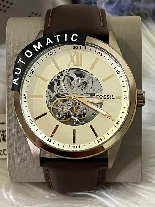 Fossil Men’s Automatic Skeleton Gold-Tone Brown Leather Watch ko