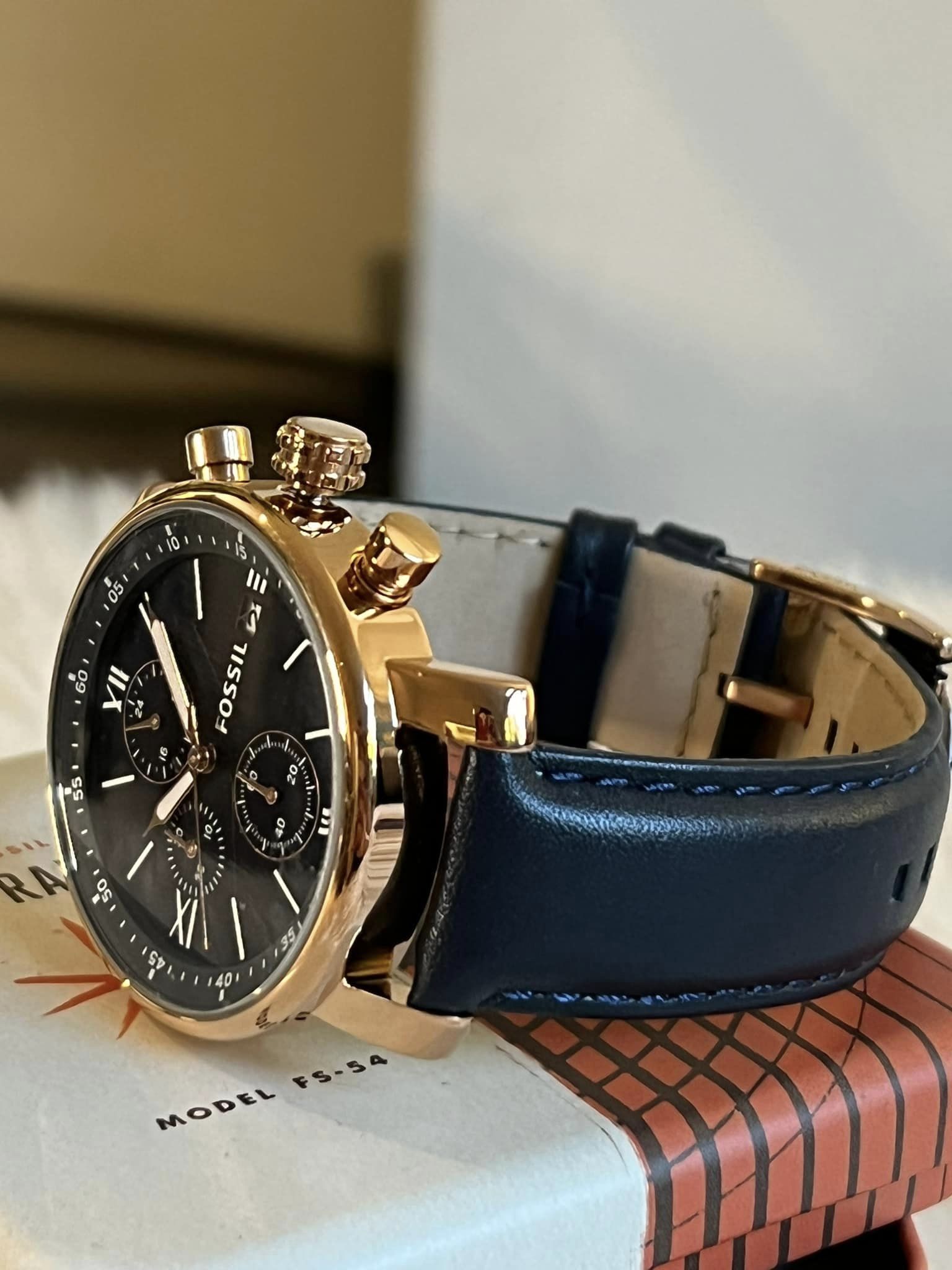 Fossil rhett chronograph navy leather 2024 watch