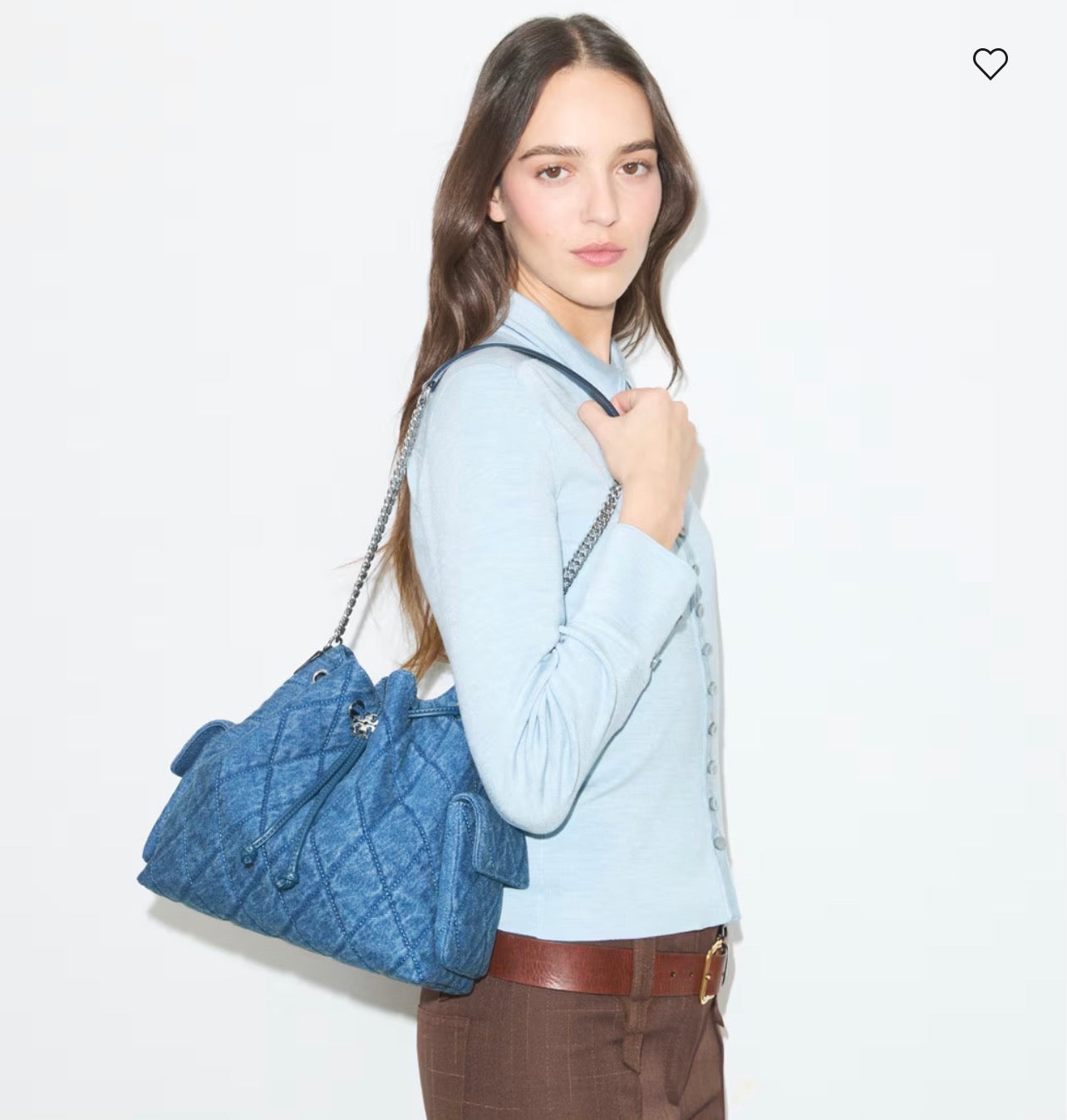 Tory Burch Charlie Quilted Denim Drawstring Shoulder Bag