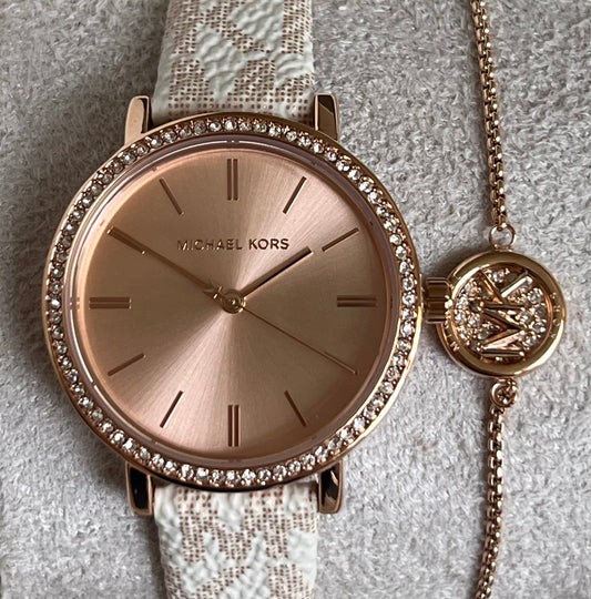 Michael Kors Three-Hand Rose Gold and Vanilla Metallic PVC Watch and Jewelry Set