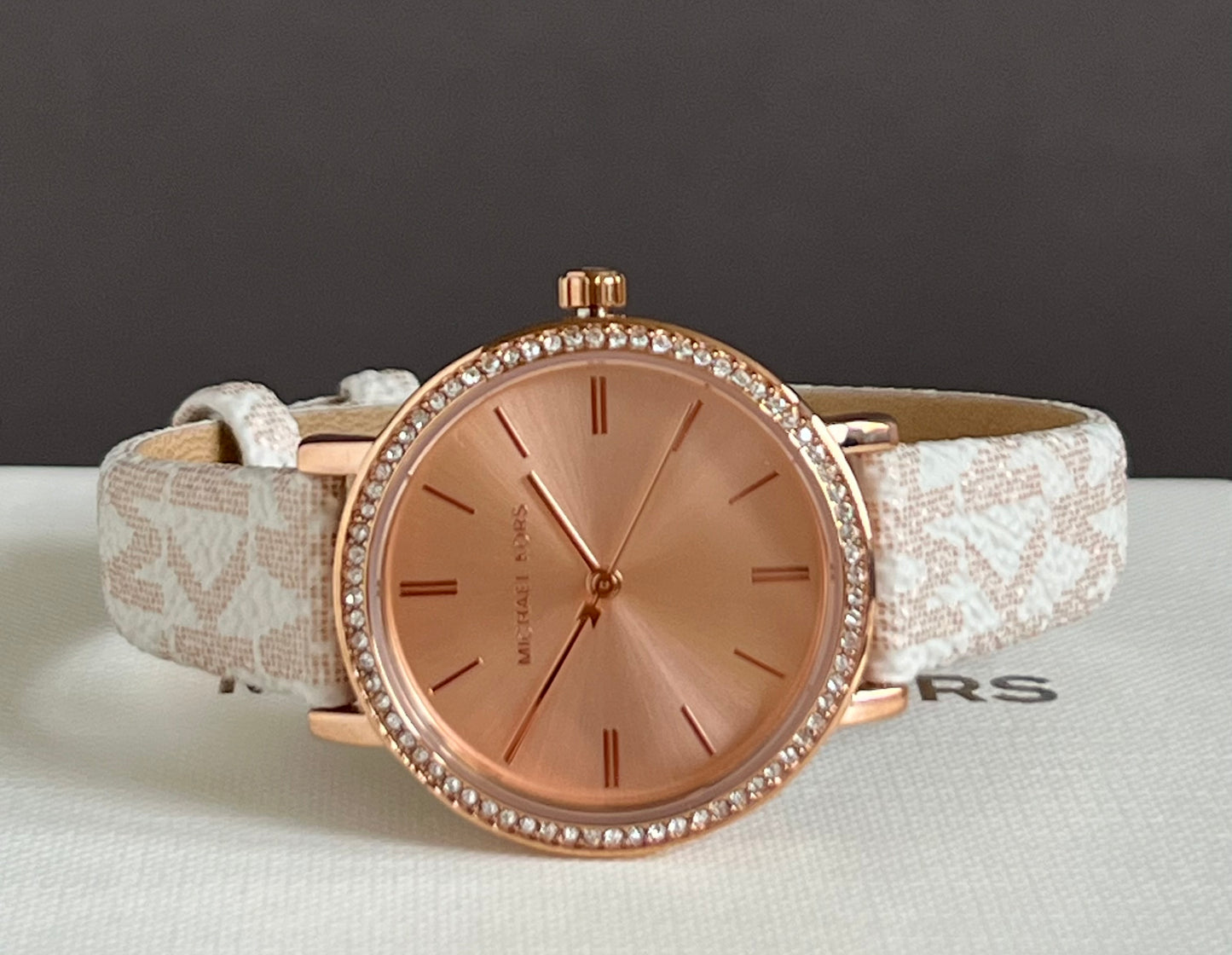 Michael Kors Three-Hand Rose Gold and Vanilla Metallic PVC Watch and Jewelry Set