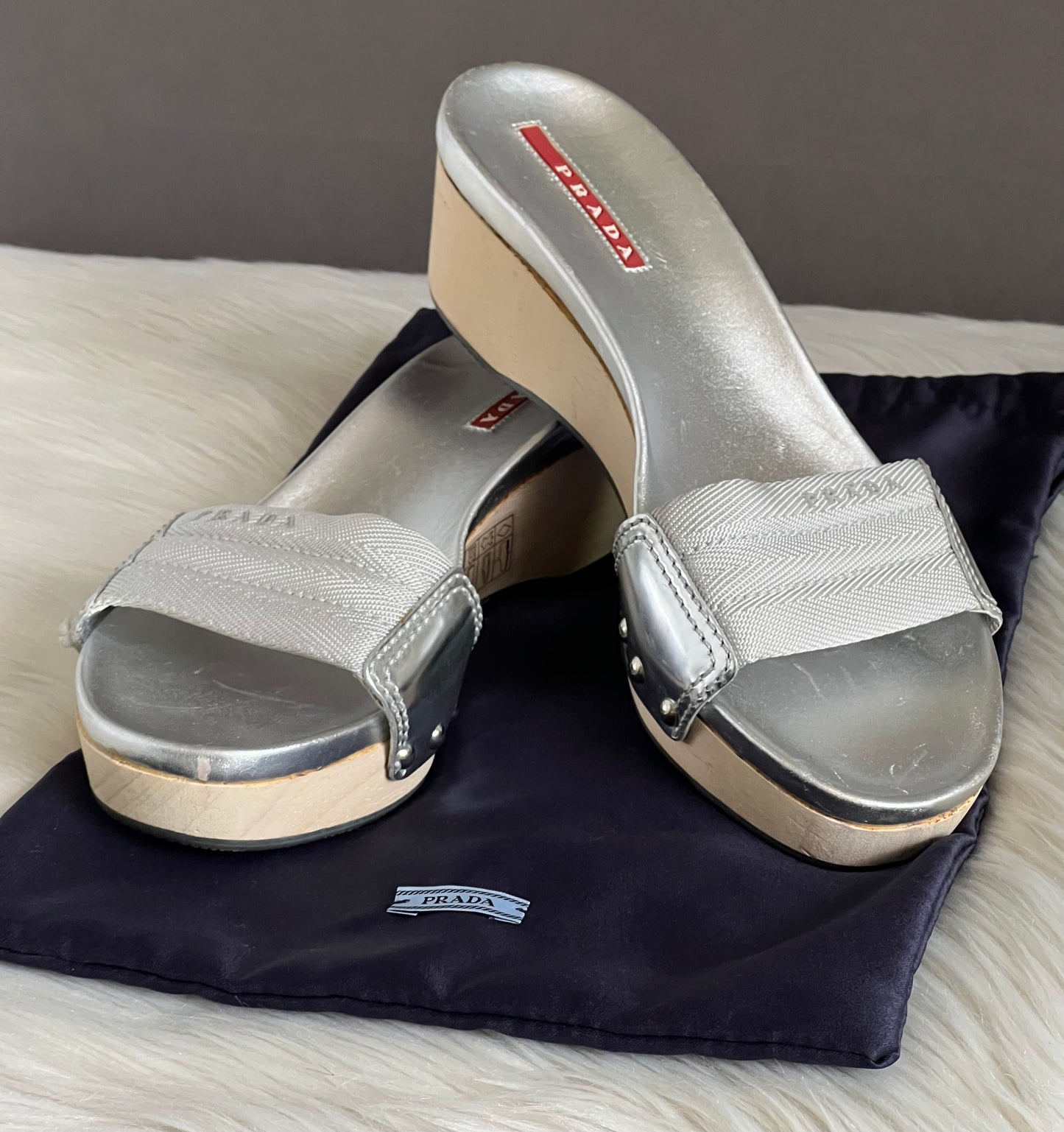 Prada Silver Wooden Mule Sandals