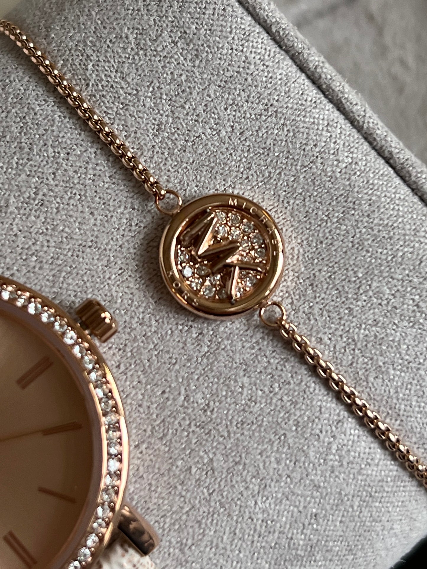 Michael Kors Three-Hand Rose Gold and Vanilla Metallic PVC Watch and Jewelry Set