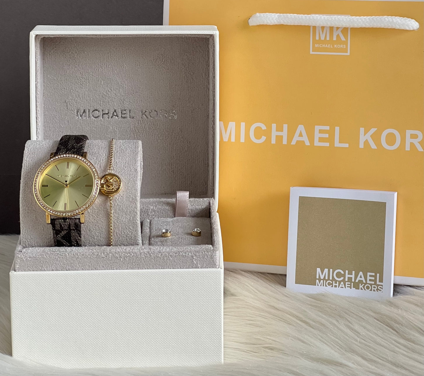 Michael Kors Women’s Addyson Quartz Crystal Gold Dial Ladies Watch and Jewelry Set