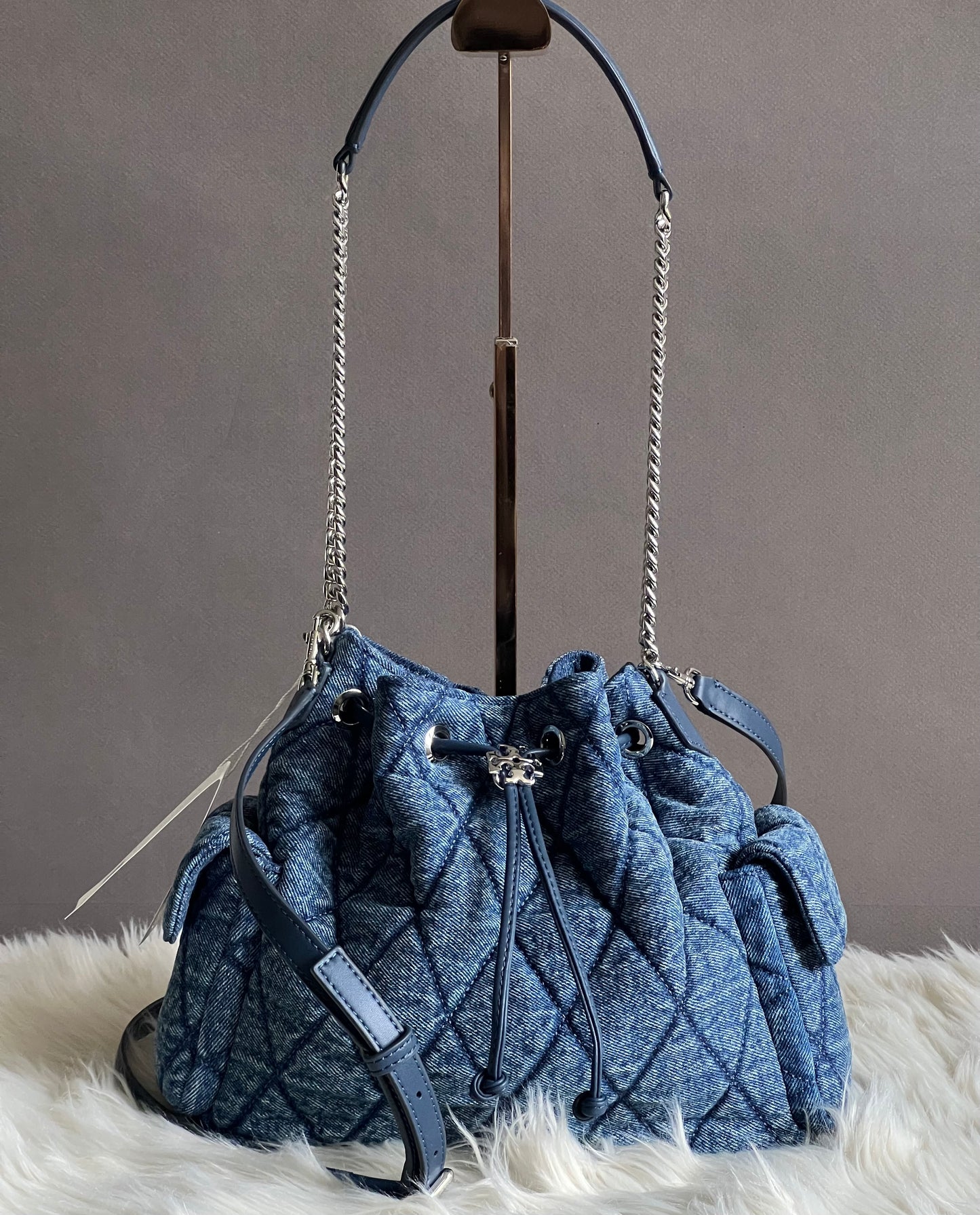 Tory Burch Charlie Quilted Denim Drawstring Shoulder Bag