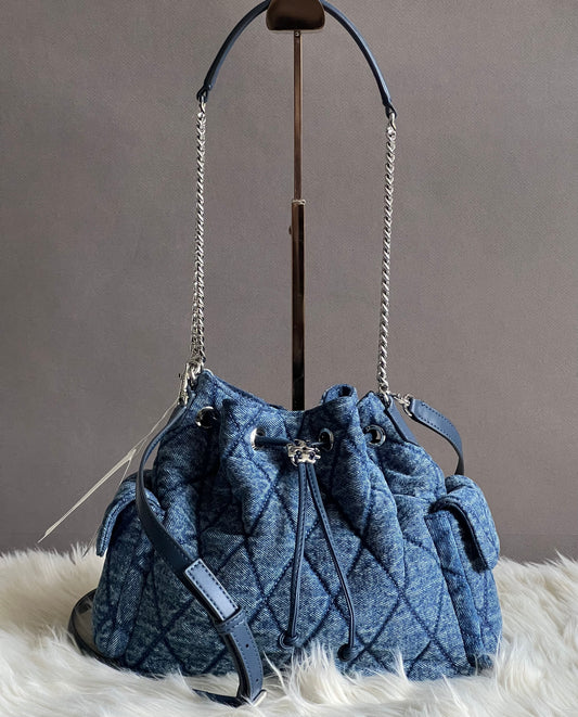 Tory Burch Charlie Quilted Denim Drawstring Shoulder Bag