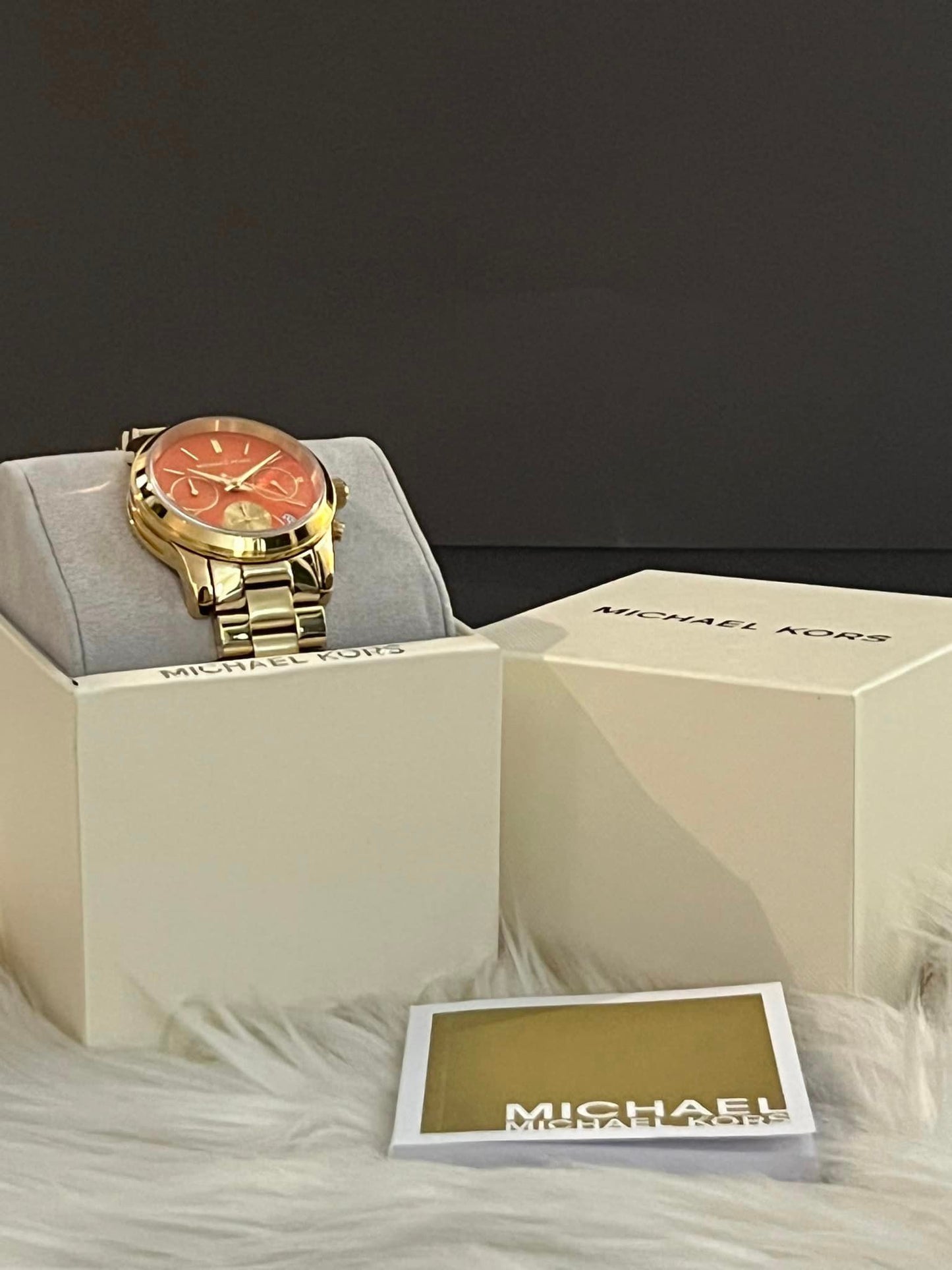 Michael Kors Women’s Runway Chronograph Gold-Tone Watch with Orange Dial