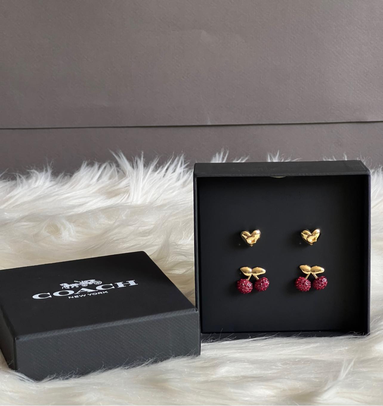 Coach Pave Cherry and Heart Stud Earrings Set