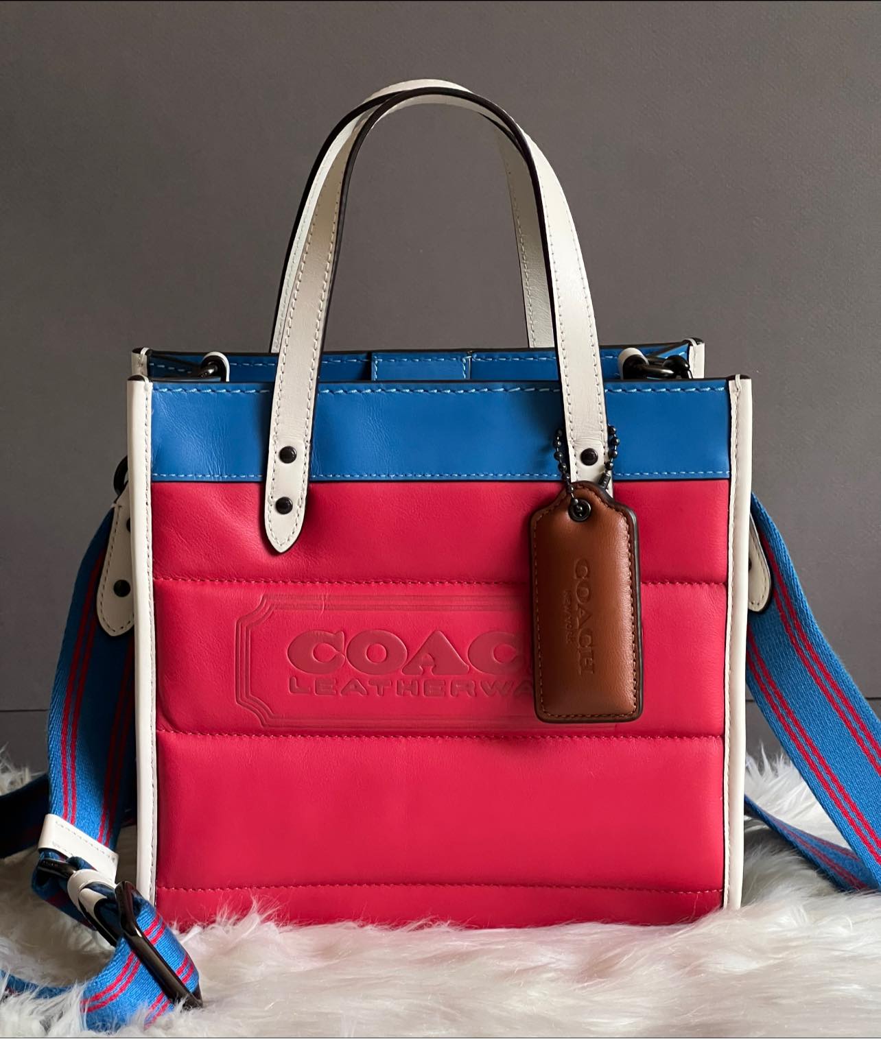Coach Field Tote 22 with Colorblock Leather and Coach Badge - Candy Apple Multi