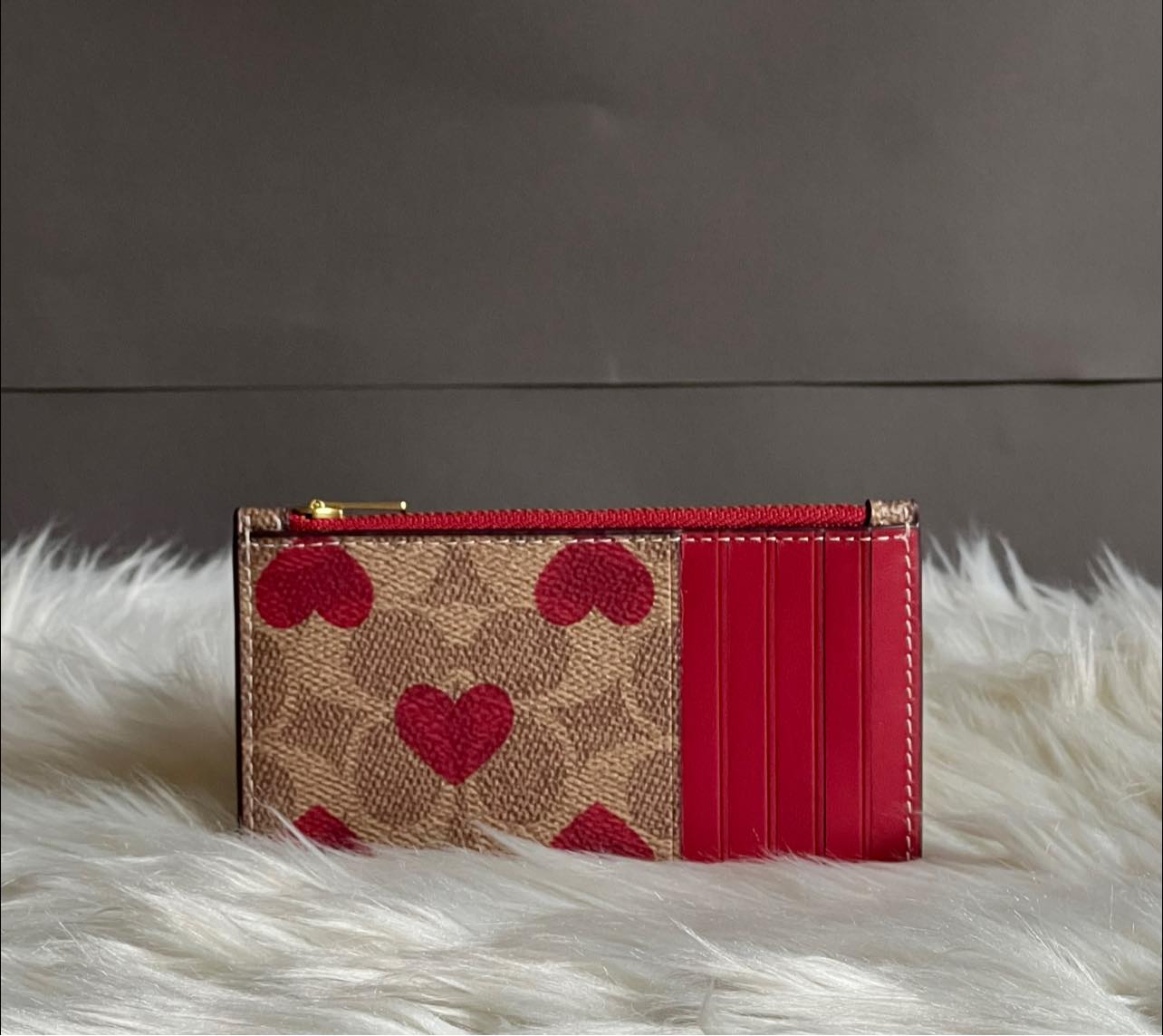 Coach Zip Card Case in Signature Canvas with Heart Print