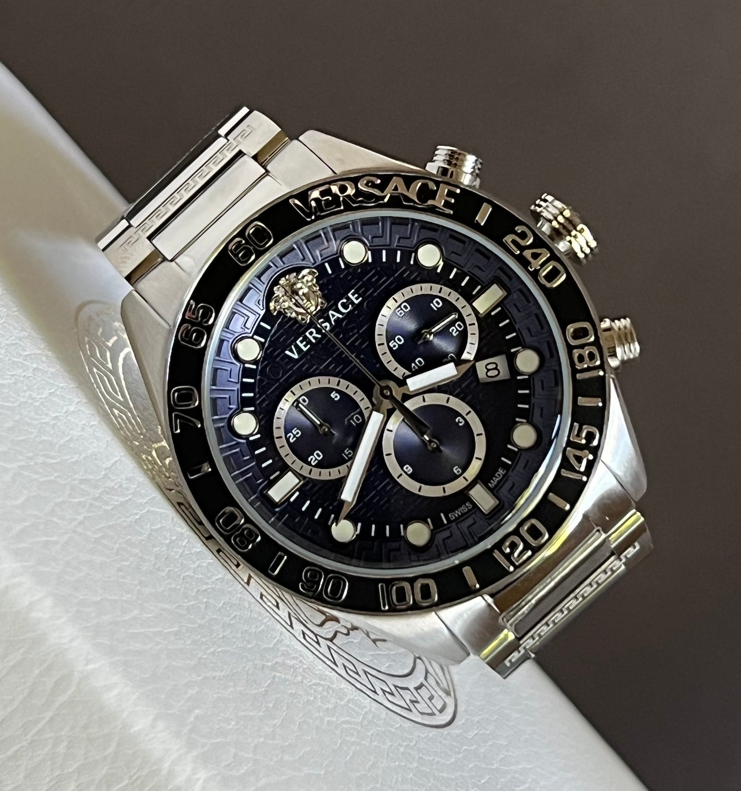 Versace Men’s Greca Dome Chronograph Quartz Blue Dial Watch