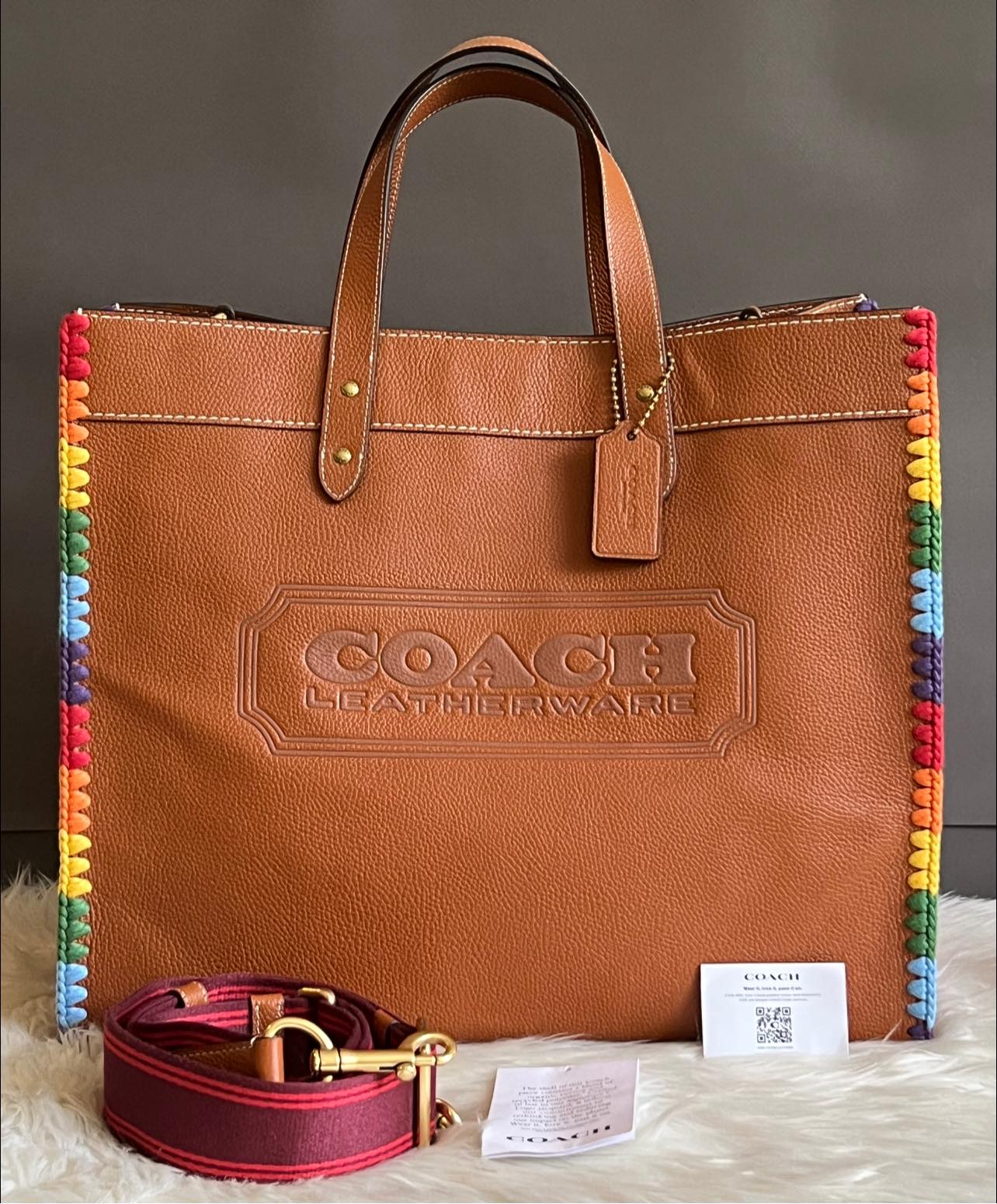 Coach Field Tote 40 with Rainbow Crochet