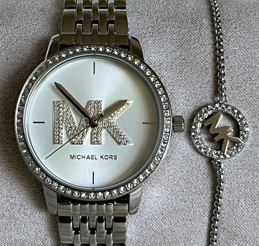 Michael Kors Women’s Three-Hand Stainless Steel Watch and Slider Bracelet Set