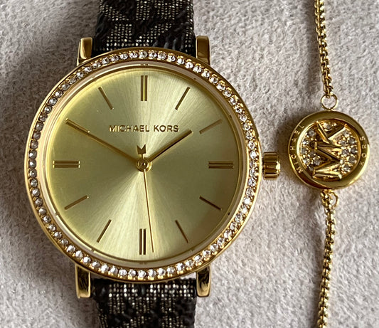 Michael Kors Women’s Addyson Quartz Crystal Gold Dial Ladies Watch and Jewelry Set