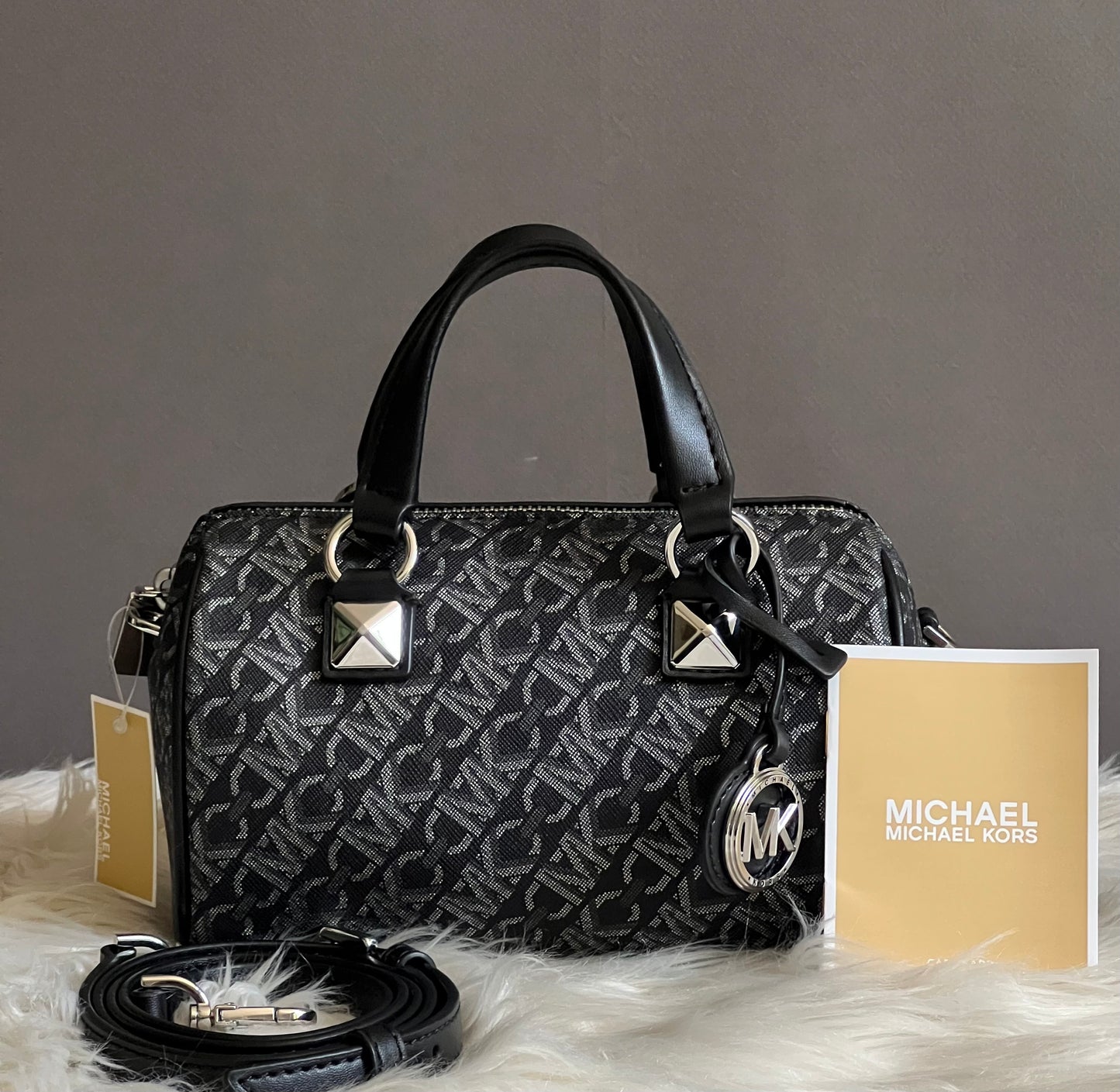 Michael Kors Grayson Small Metallic Empire Monogram Duffel Crossbody Bag
