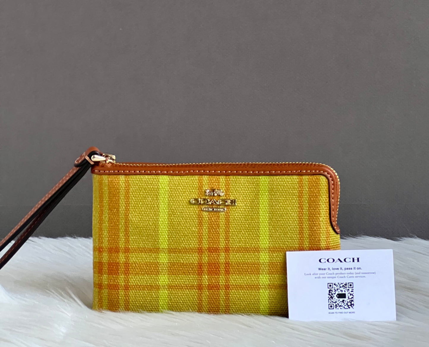 Coach Corner Zip Wristlet In Regenerative Cotton With Plaid Print