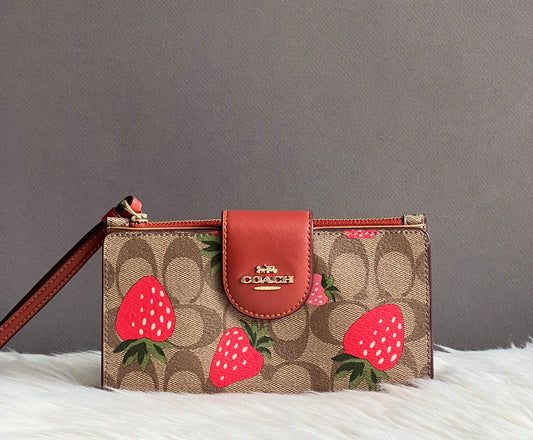 Coach Phone Wallet In Signature Canvas With Wild Strawberry Print