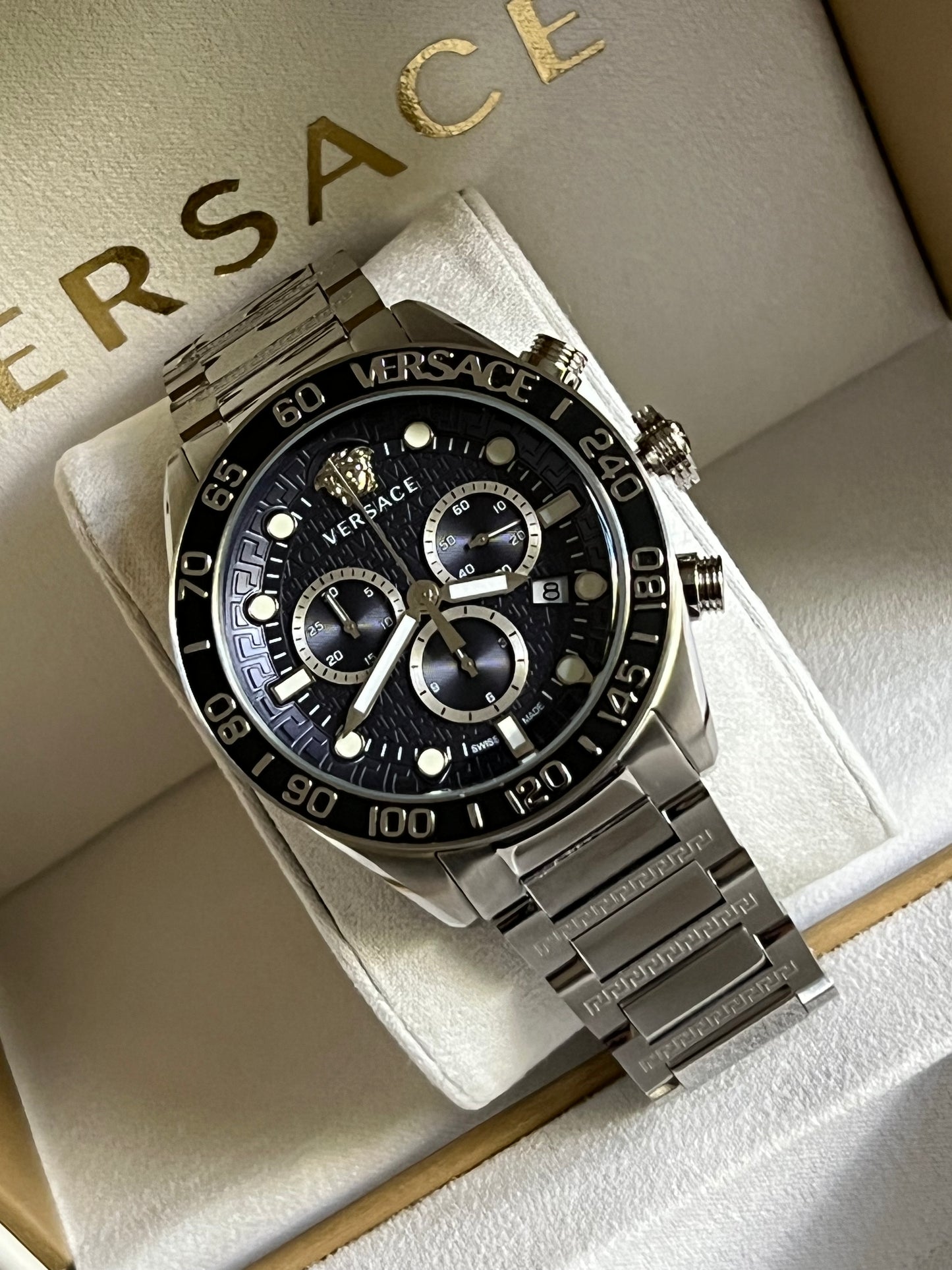 Versace Men’s Greca Dome Chronograph Quartz Blue Dial Watch