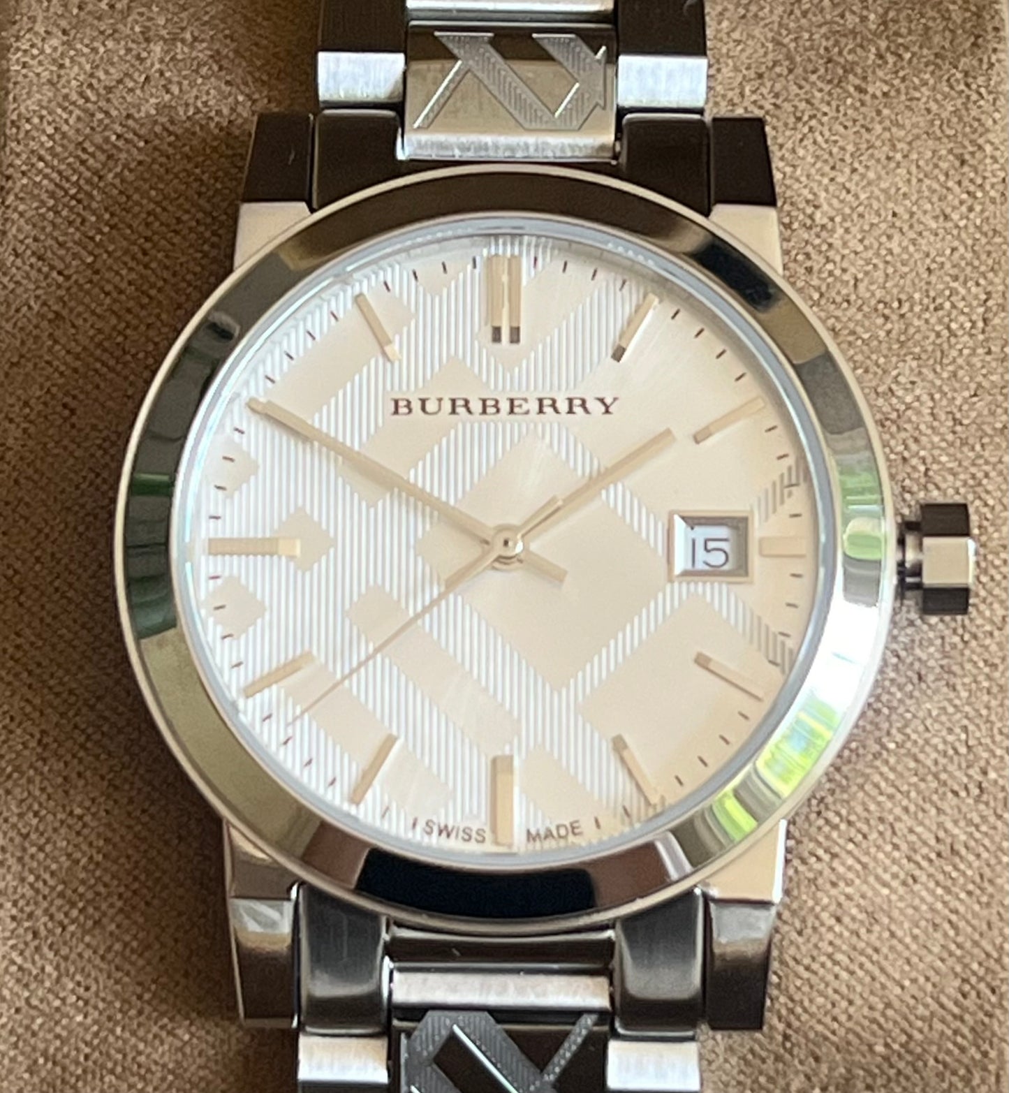 Burberry Women Silver Check Stamp Stainless Steel Watch