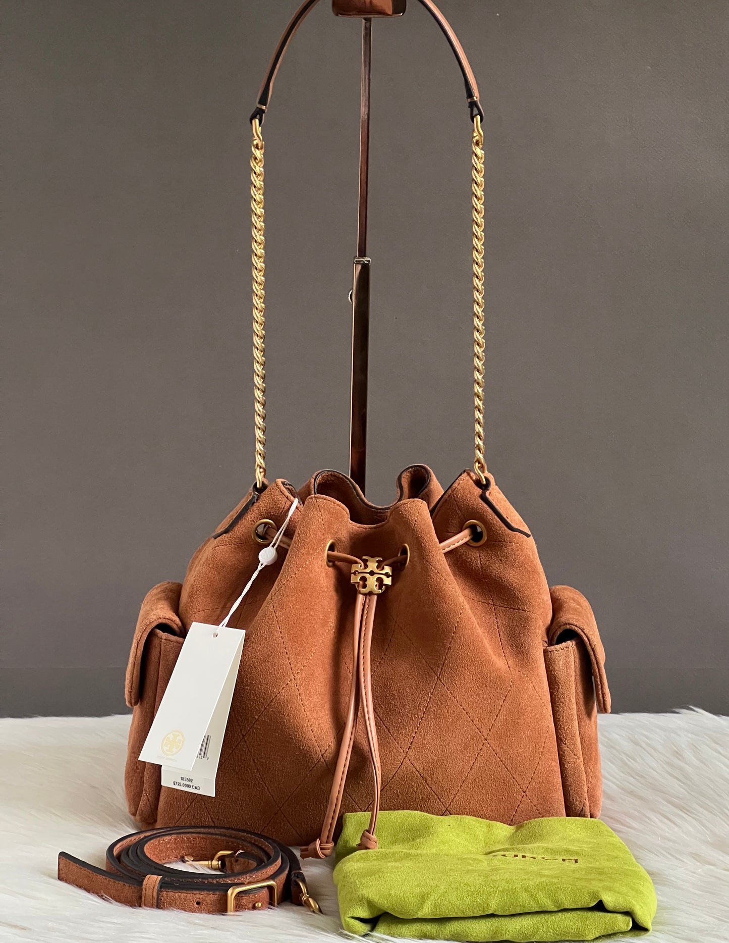 Tory Burch Charlie Quilted Suede Drawstring Shoulder Bag