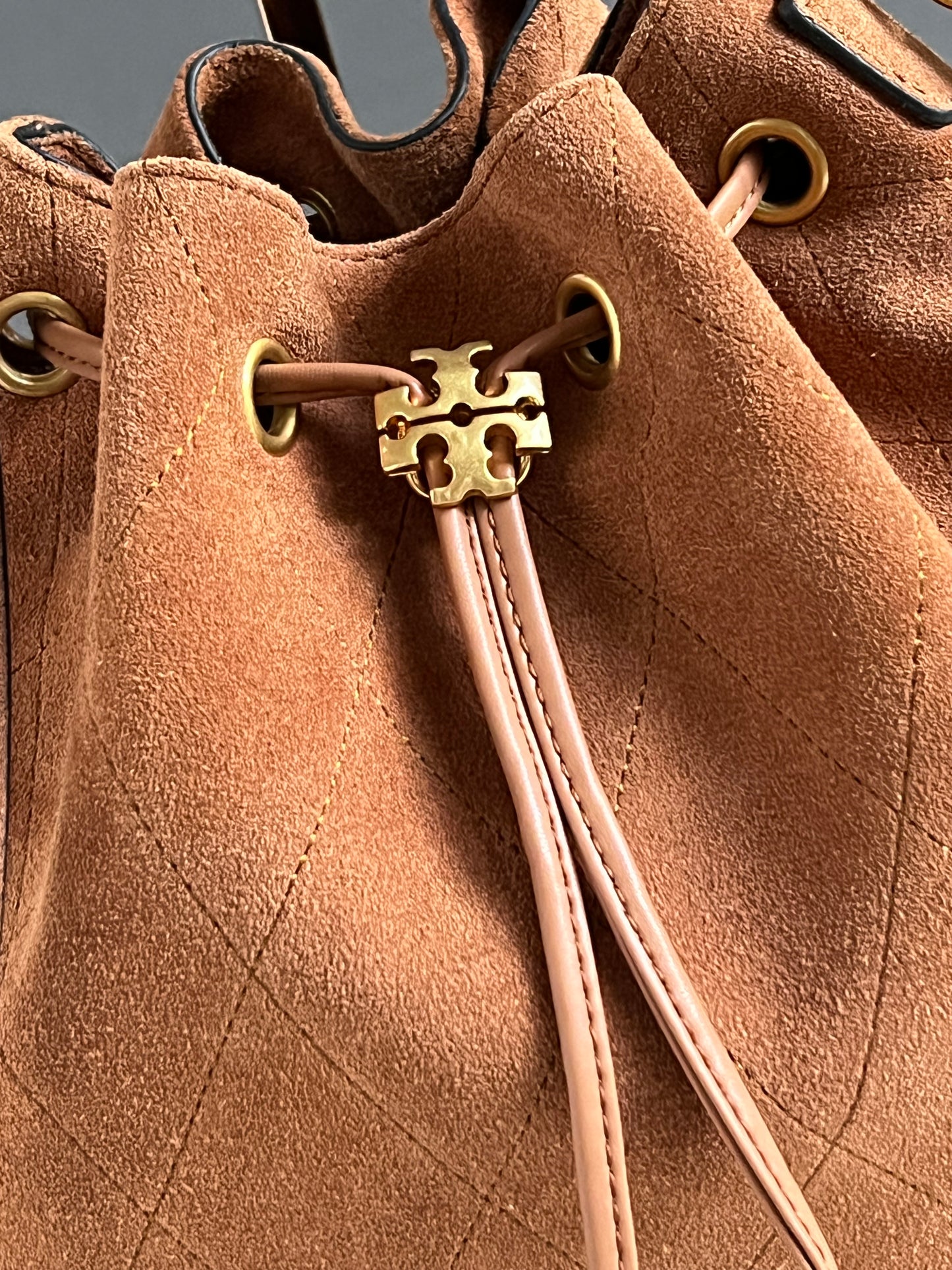 Tory Burch Charlie Quilted Suede Drawstring Shoulder Bag