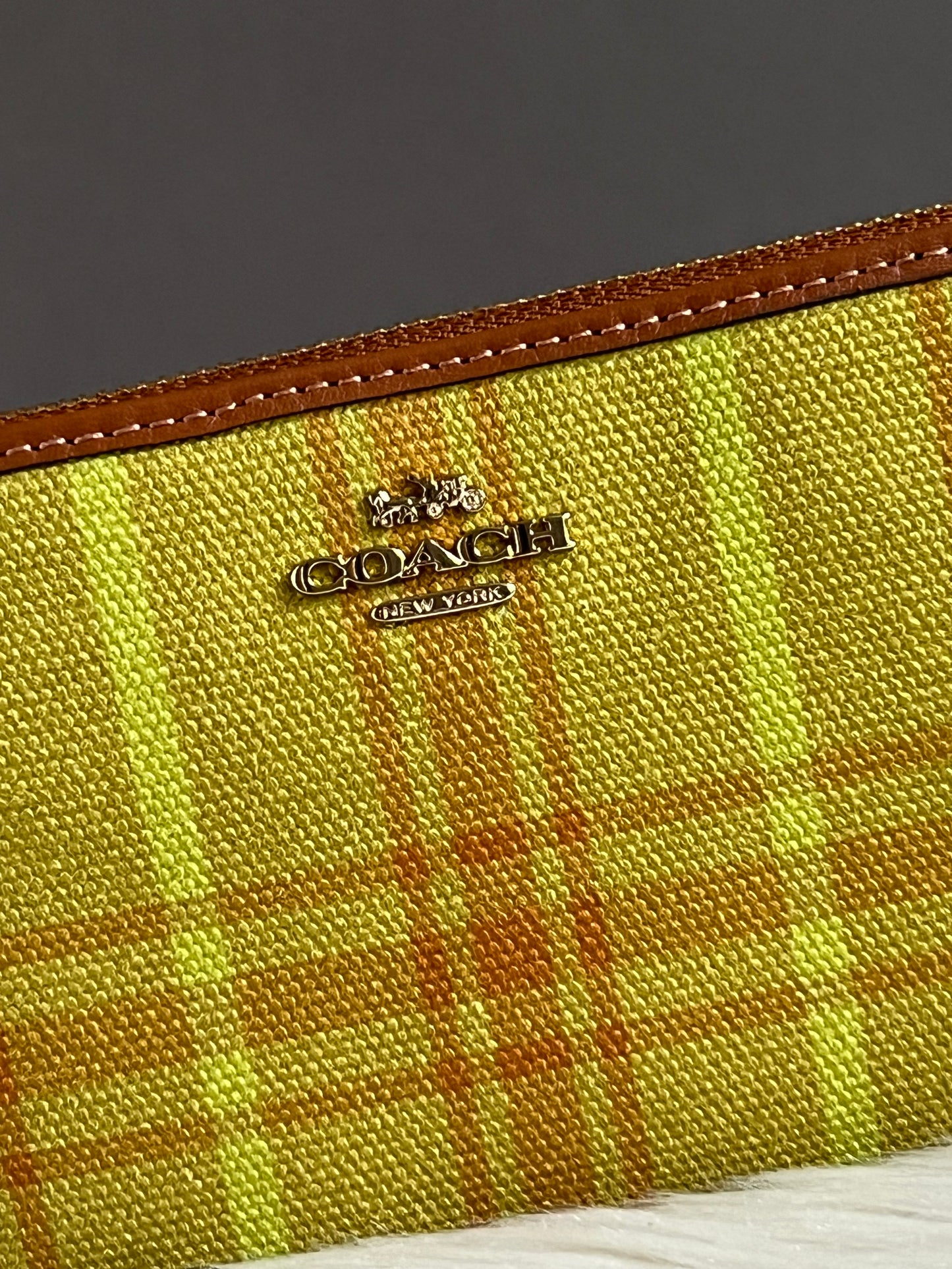 Coach Corner Zip Wristlet In Regenerative Cotton With Plaid Print