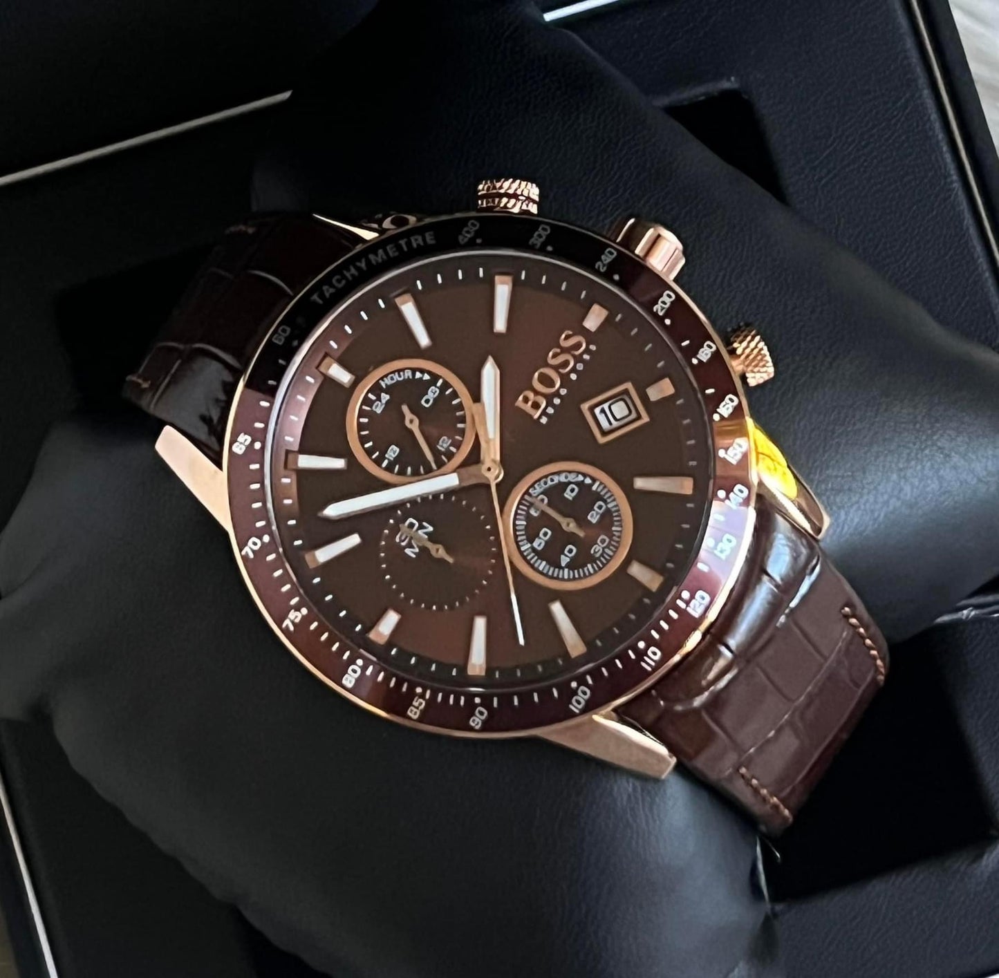 Hugo Boss Men’s Chronograph Tachymeter Leather Strap Watch