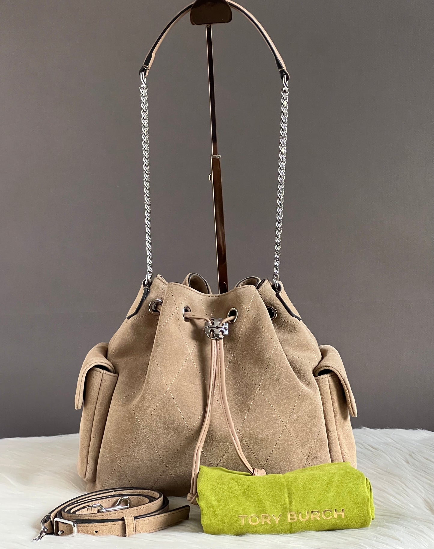 Tory Burch Charlie Quilted Suede Drawstring Shoulder Bag