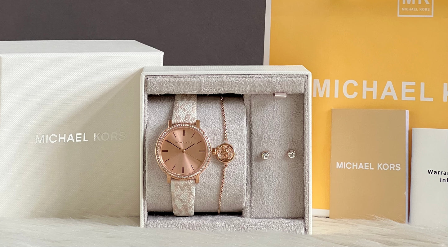 Michael Kors Three-Hand Rose Gold and Vanilla Metallic PVC Watch and Jewelry Set