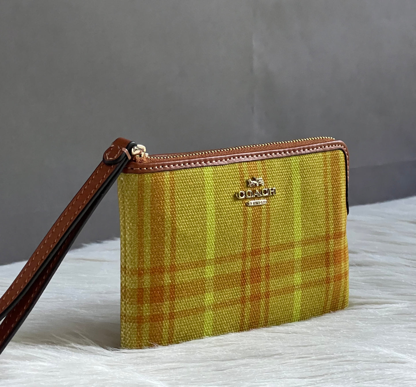 Coach Corner Zip Wristlet In Regenerative Cotton With Plaid Print