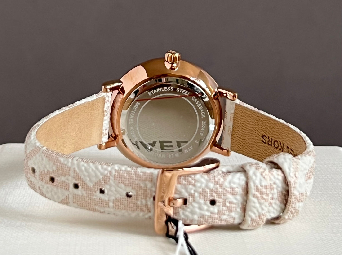 Michael Kors Three-Hand Rose Gold and Vanilla Metallic PVC Watch and Jewelry Set