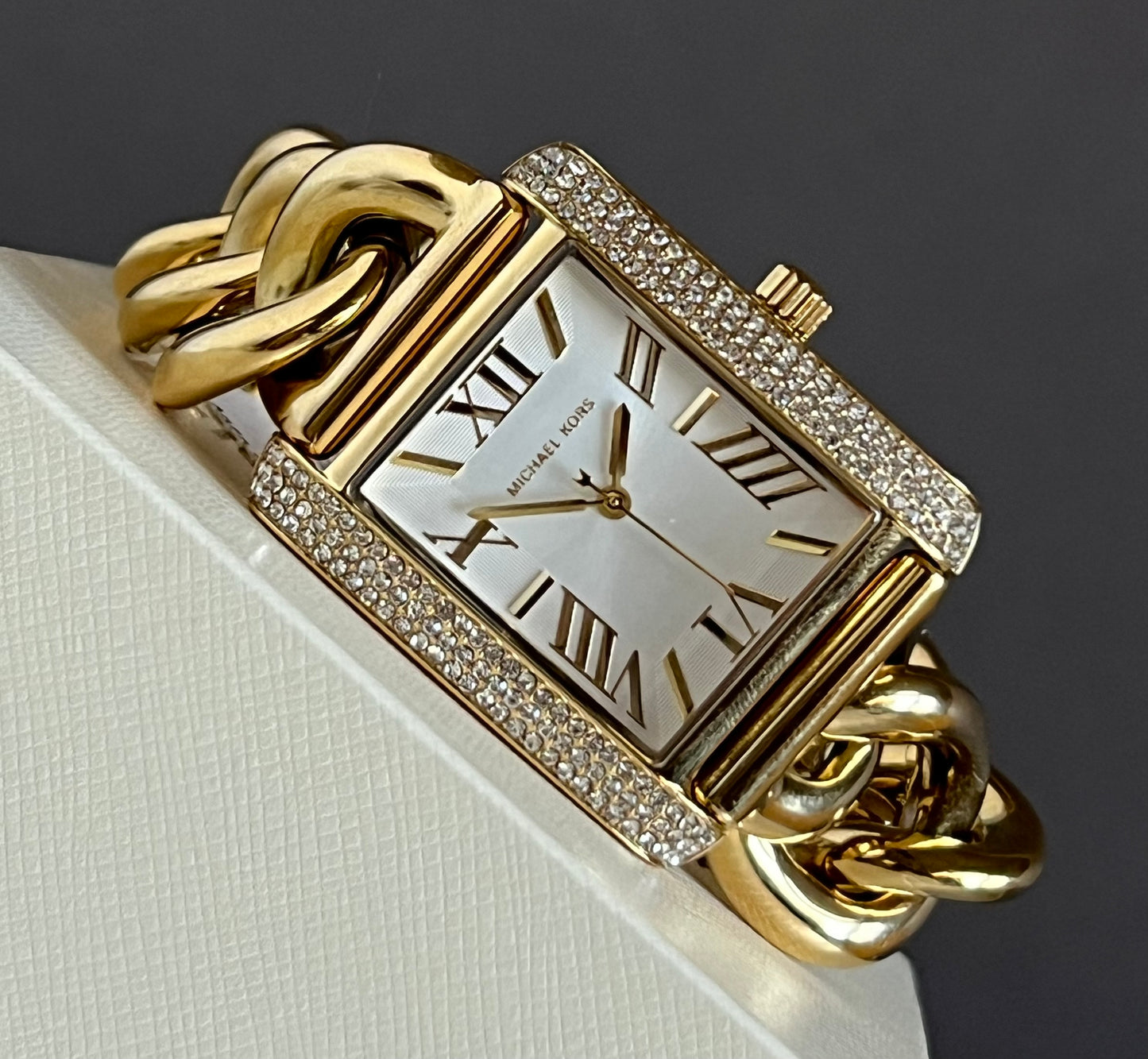 Michael Kors Women’s Oversized Emery Pavé Gold-Tone Curb Link Watch