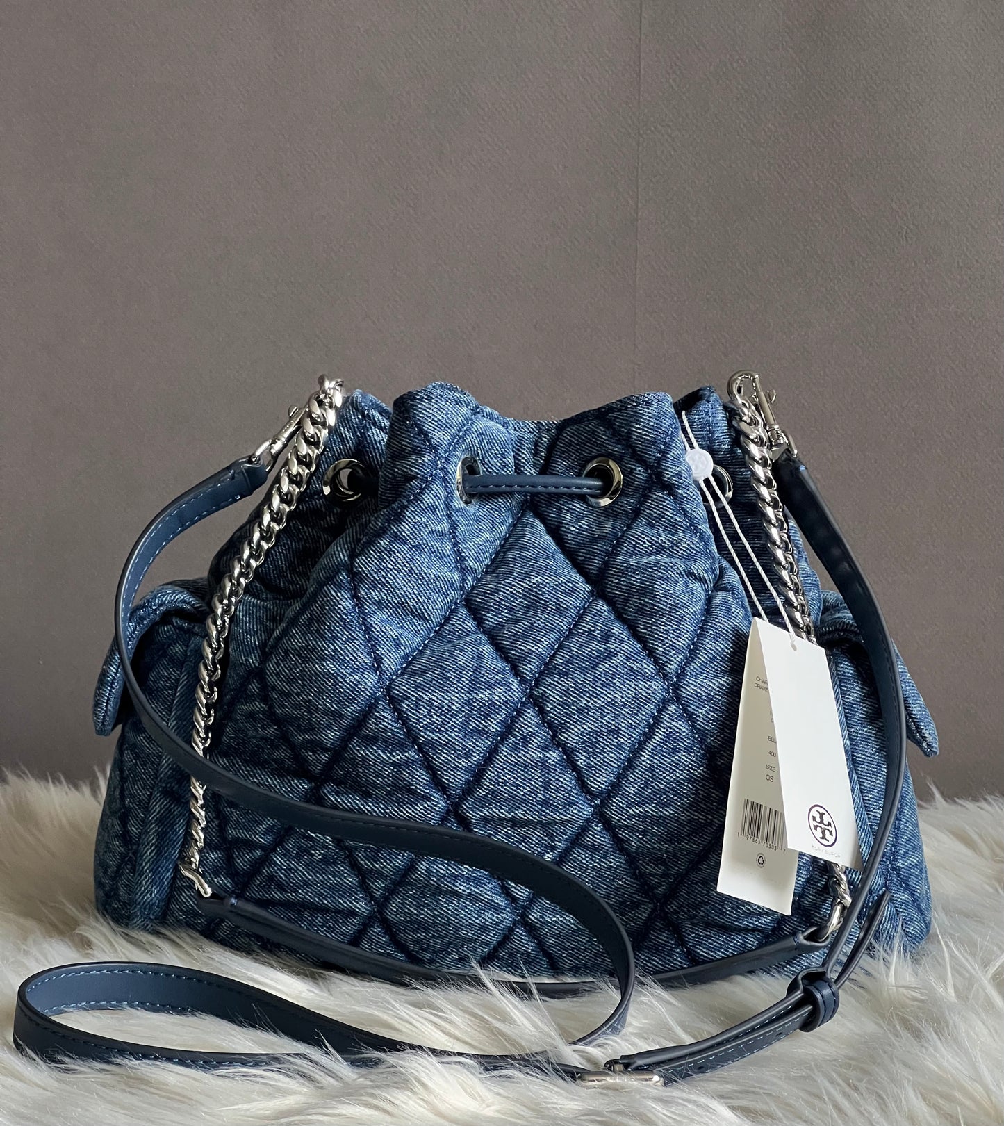 Tory Burch Charlie Quilted Denim Drawstring Shoulder Bag