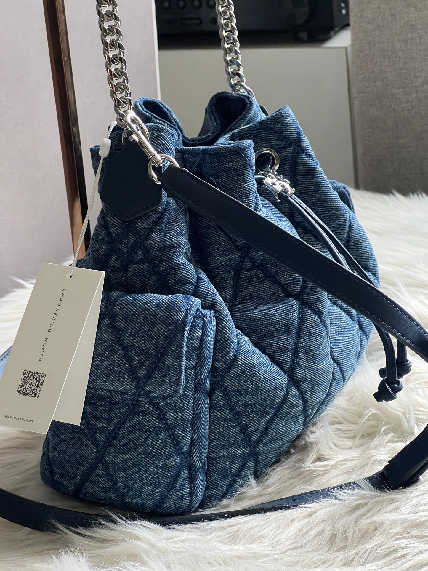 Tory Burch Charlie Quilted Denim Drawstring Shoulder Bag