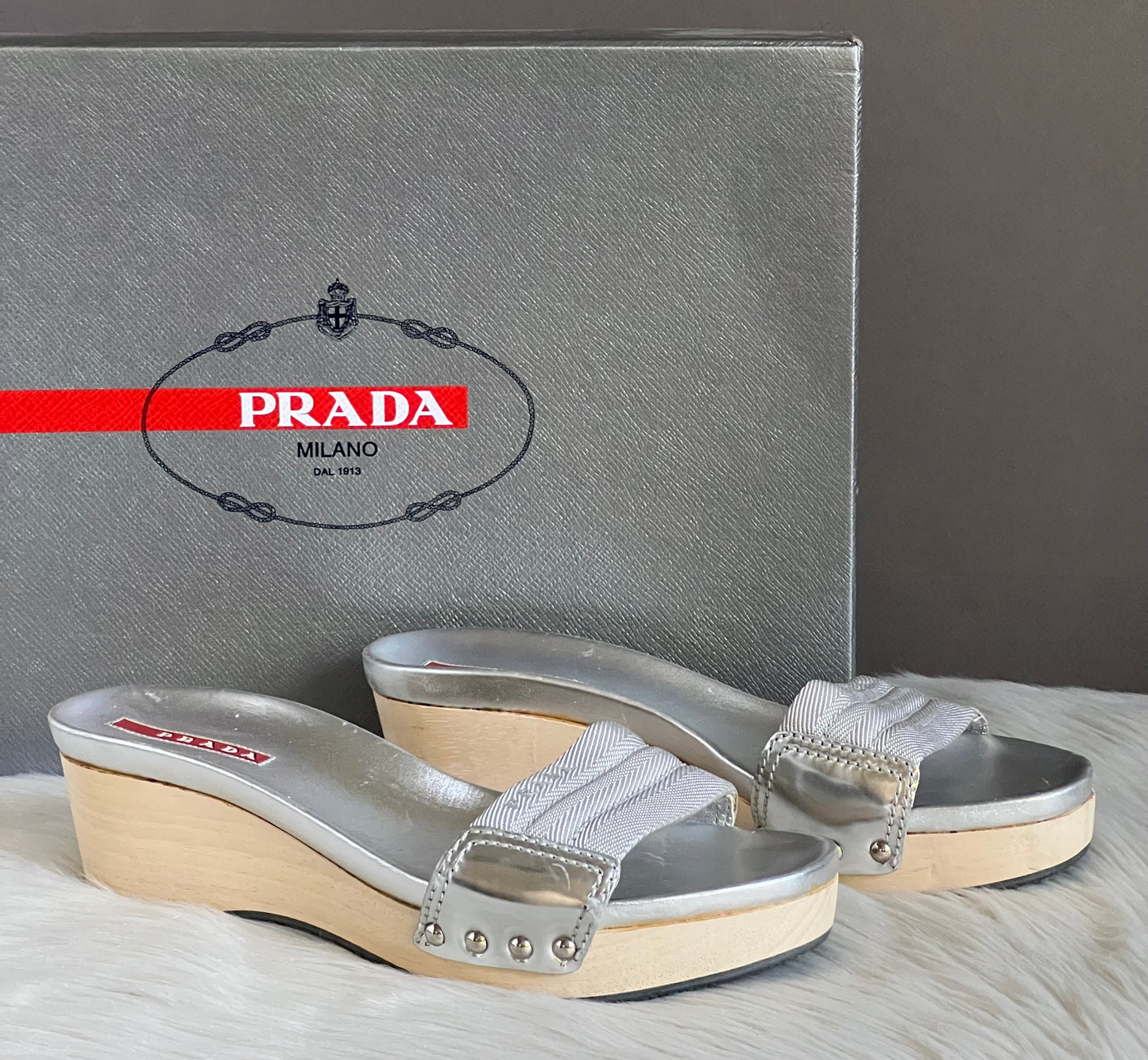Prada Silver Wooden Mule Sandals